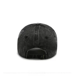 Detail of washed denim baseball cap back view with adjustable metal buckle and texture