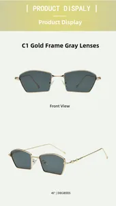 Detail view of vintage geometric metal sunglasses in gold frame with grey lenses
