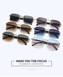 Detailed close-up of retro square metal sunglasses in multiple colors and textures