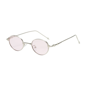 Retro oval metal sunglasses with silver frames and pink lenses shown at 45-degree angle