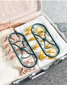 Detail of a foldable plastic drying rack with 12 clips packed in a travel suitcase