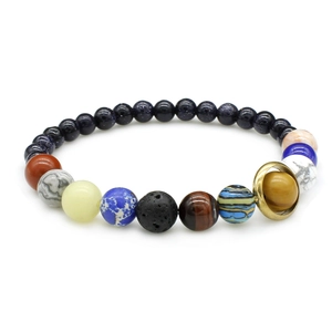 Detail of solar system planet bracelet with natural stone beads and metal rings