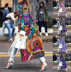 Lange dames trenchcoat met bohemien print, double-breasted ontwerp en kleurrijke mandala patronen
