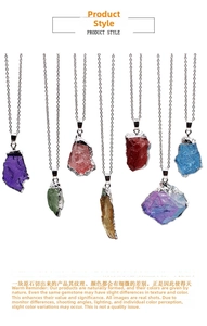Detailed close-up of natural crystal pendants with silver-plated edges in various colors