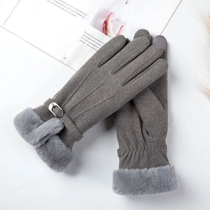 Gants thermiques gris pour femmes avec bordure en fausse fourrure et boucle en métal