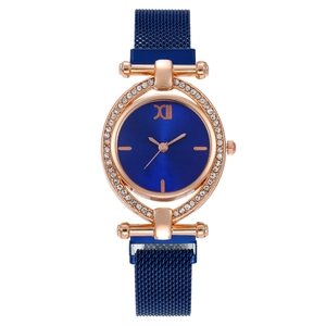 Orologio donna quarzo oro rosa con ovali di strass e cinturino magnetico blu notte