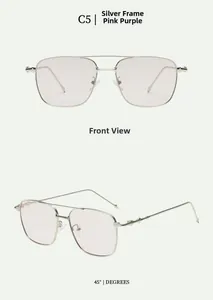 Détails de lunettes de soleil carrées en métal argenté avec branches ondulées violettes
