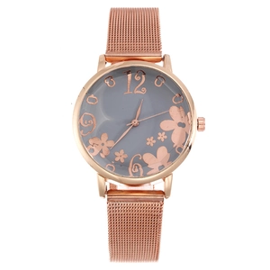 Women Fashion Quartz Watch Alloy Case Stainless Steel Mesh Band Elegant Floral Butterfly Dial Artistic Numerals Style