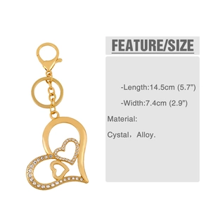 Detail showing dimensions of gold heart keychain with rhinestones and lobster clasp