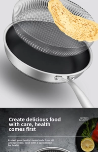 Detailed macro view of 316L stainless steel honeycomb frying pan with non-stick texture