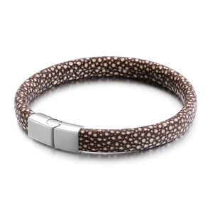 Unisex brown stingray leather bracelet with a polished silver rectangular metal clasp
