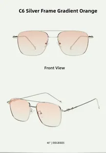 Vue détaillée des lunettes d'aviateur en métal argenté avec verres et monture orange dégradé