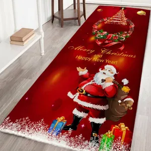 Detailed view of red flannel Christmas runner rug with Santa Claus print on wooden floor