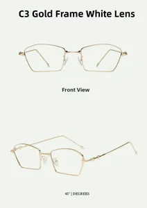Detailed views of gold irregular geometric metal glasses frames with clear lenses