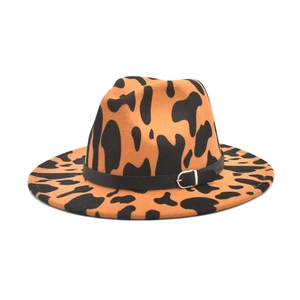 Cappello fedora marrone con stampa mucca per uomo e donna con cinturino in pelle nera