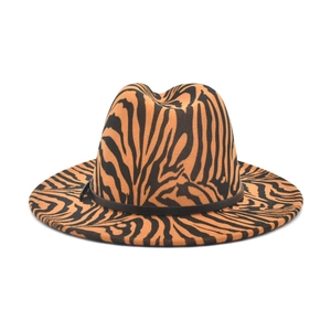 Orange and black zebra print fedora hat with a black leather band on a white background