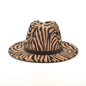 Zebra pattern wool fedora hat in camel and black with brown leather decorative band