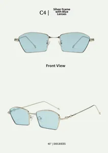 Detail of silver metal frame and light blue geometric lenses on stylish sunglasses