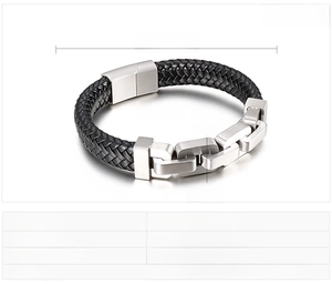 Detail of black braided leather men's bracelet with 210mm length and magnetic steel clasp