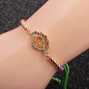 Adjustable woven MOM bracelet with sparkling pavé zircons and colorful stones for women