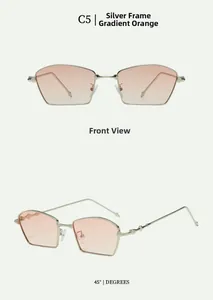 Detail view of silver metal frame sunglasses with orange gradient lenses from multiple angles