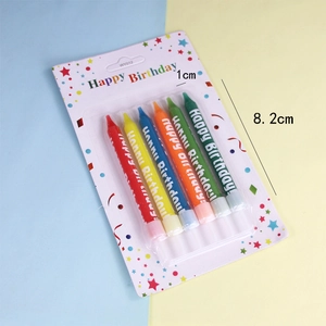 Set of 6 colorful Happy Birthday candles with white lettering for party cake decor
