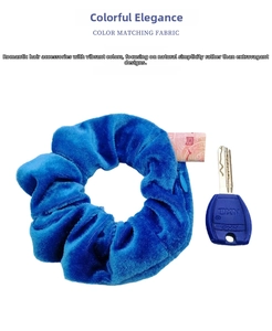 Close-up of blue velvet scrunchie showing a hidden zipper pocket for small items