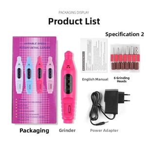 Detailed kit including pink electric nail drill, adapter, drill bits, and English manual