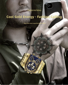 Detail of a men's large multi-timezone quartz watch with gold case and blue dial