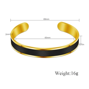 Detailed size chart for black and gold stainless steel open bangle with weight and dimensions