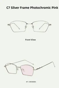 Detailed views of irregular silver metal sunglasses with pink photochromic lenses