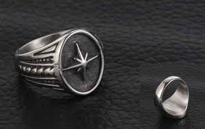 Macro detail of vintage starburst relief on silver titanium steel ring for men