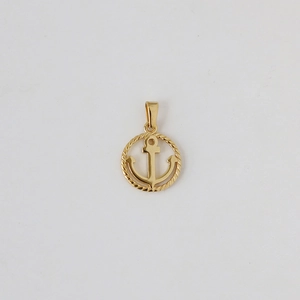 Detail of a 18k gold plated stainless steel anchor pendant with nautical rope texture