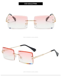 Detail view of rimless gold and pink gradient sunglasses with slim metal temples