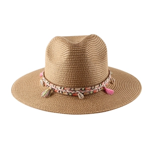 Cappello Fedora In Paglia Di Carta Donna Protezione Solare Tesa Larga Vacanze Spiaggia Boho Nappine Conchiglie Traspirante