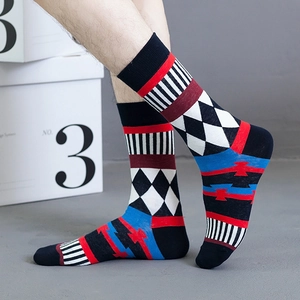 Men's geometric crew socks featuring colorful diamond patterns and stripes for sports fashion