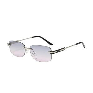 Frameless square sunglasses with gradient purple lenses and slim silver metal temples