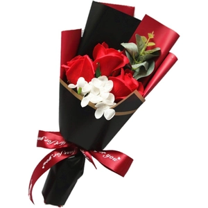 Artificial red rose bouquet with Just For You ribbon on a clean white background