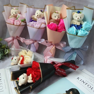 Collection of teddy bear soap flower bouquets in pink purple orange and red colors