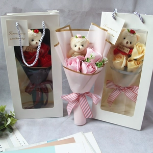 Artistic soap flower gift set with roses and cute bear dolls in elegant white boxes