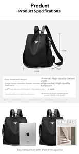 Waterproof nylon backpack size 31x31x13cm showing dimensions and A4 magazine capacity