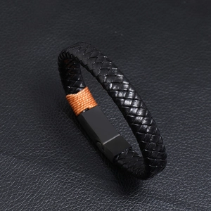 Vintage black braided leather men's bracelet with matte metal magnetic clasp