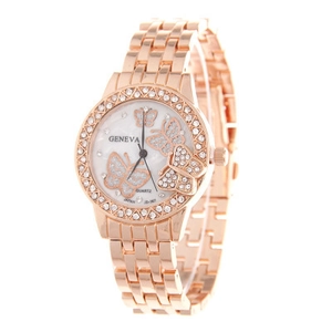 Rose gold Geneva quartz watch for women with rhinestone bezel and butterfly pattern dial