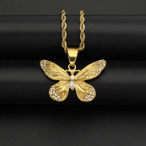 Golden butterfly pendant necklace with sparkling rhinestones on twisted rope chain