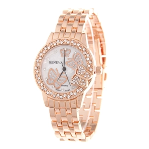 Close-up of Geneva rose gold watch featuring a butterfly dial and rhinestone bezel detail