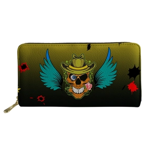 Hip hop skull lady long zipper wallet with cowboy hat and wings on PU leather