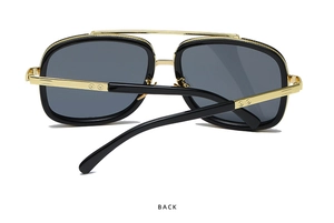Back view of classic aviator sunglasses with gold metal frame and dark grey lenses