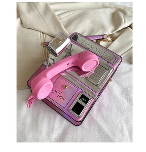 Bolso de hombro creativo en forma de teléfono retro rosa con diseño láser para mujer