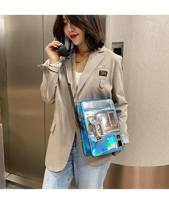 Bolso cruzado holográfico en forma de teléfono público con cadena para mujeres.