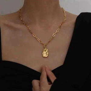 Vintage gold OT buckle necklace with chunky link chain and textured geometric pendant